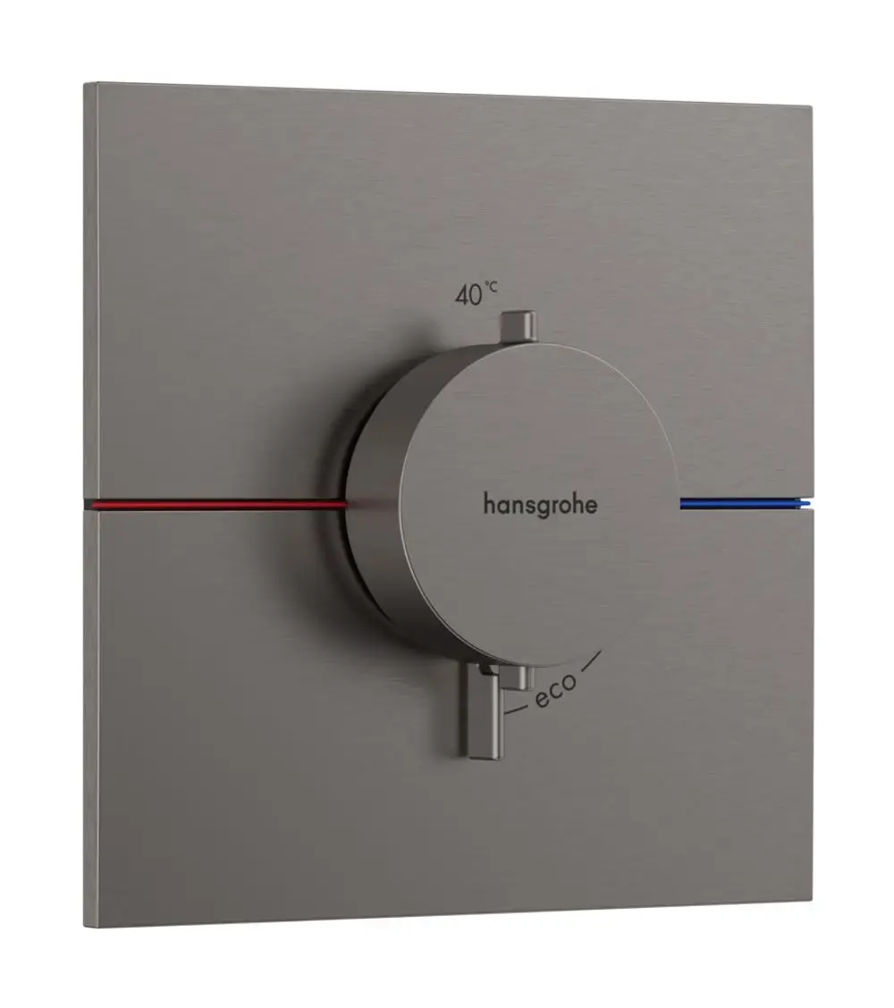 Thermostat von Hansgrohe mit Drehknopf zur Temperatureinstellung, umgeben von einer modernen, flachen Oberfläche in gebürstetem Schwarzchrom.